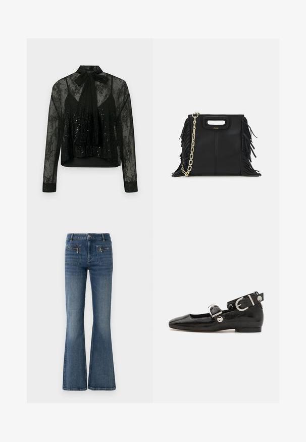 Blouse noire transparente à manches longues, avec un motif en dentelle et des détails en sequins, ornée d'un nœud cou et d'un design court.; Jeans en denim bleu évasés avec une taille mi-haute, dotés de poches avant et arrière et d'un léger délavage.; Ballerine en cuir verni noir avec un bout carré, sangle de cheville avec des détails en métal argenté et semelle plate. Texture lisse avec un design minimaliste.; Sac à main en cuir noir avec des détails en franges, chaîne dorée pour l'épaule et une poignée découpée. Présente le logo sur le devant.