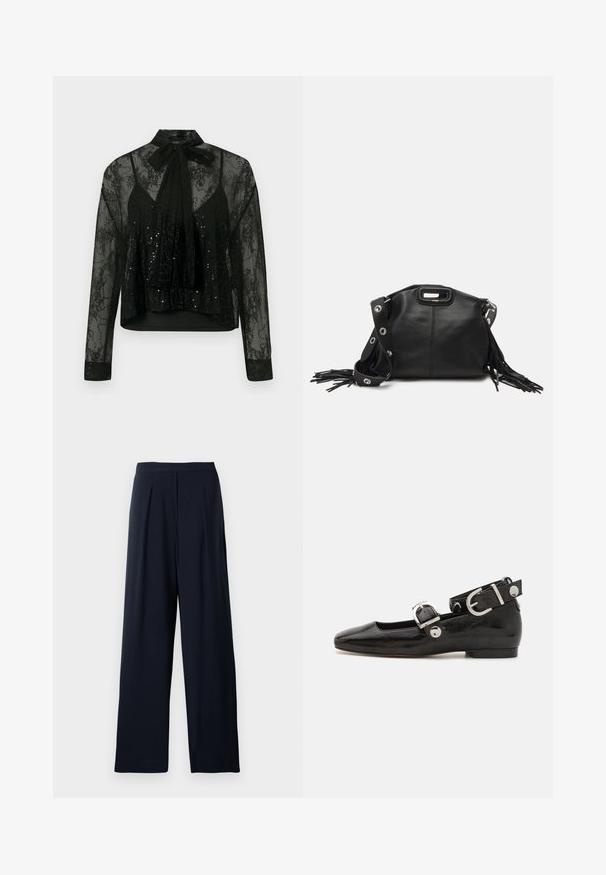 Črna prosojna bluza z dolgimi rokavi, izdelana z čipkastim prekrivanjem in detajli iz sekvenc, okrašena z naglavnim lokom in skrajšanim dizajnom.; Mornarske široke hlače s pregibom, izdelane iz mehke tkanine. Imajo gladek pas in preprost dizajn za vsestransko nošenje.; Črne lakaste balerinke s kvadratnim prstom, trakovi okrog gležnja z zlatimi dodatki in ravnim podplatom. Gladka tekstura z minimalističnim dizajnom.; Maje MISS MINI - Torba čez telo - noir