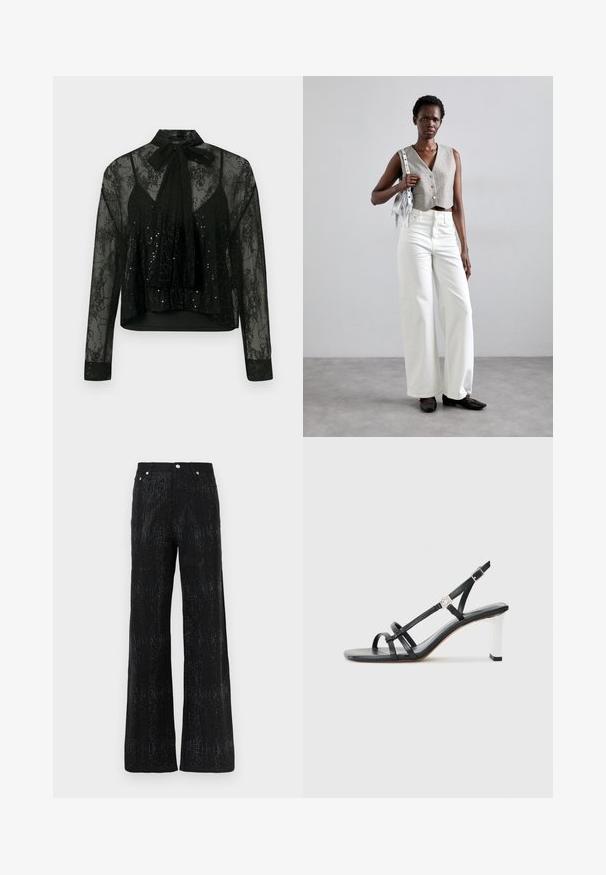 Must mustaga pusa pikkade varrukatega, millel on pitsist overlay ja litrite detailid, kaelarihmaga lipsu ja lühendatud disainiga.; Mustad laiad püksid tekstuurse pinna ja särava mustriga. Viimistletud standardse vöökoha ja metallnupu aktsentidega.; Mustad musta värvi kontsaga sandaalid mitme kitsaste rihmaga, slingback disainiga ja hõbedase aktsendiga kontsal. Sile ülemine materjal ja kvartskonts.; Hallitatud hall vest nööpidega, koos valgete laia säärega teksade ja mustade lameda tallaga kingadega. Kaunistatud väikese hõbedase frantsiisiga kotiga.