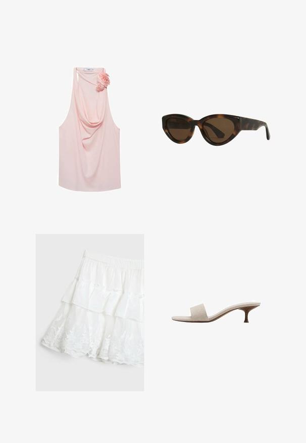Lichtroze mouwloze top met gedrapeerde halslijn en bloementaccent aan de linkerkant. Gemaakt van een gladde stof, heeft het een ontspannen pasvorm en een ronde zoom.; Witte gelaagde rok van lichtgewicht stof, met een ruchesontwerp en bloemenkant aan de zoom. Elastische tailleband.; Hiel-loze sandaal met een beige geweven stoffen bovenwerk, open teen en een gebogen houten tussenzool. Het ontwerp heeft een gladde textuur en een minimalistische vorm.; schildpad kattenoog zonnebril met bruine lenzen, voorzien van gladde, glanzende kunststof monturen en een slank ontwerp. Geen zichtbare logo's of accenten.; Witte haarspeld in de vorm van een bloem met een lichtgele gradient, voorzien van een veermechanisme en een gladde plastic textuur.