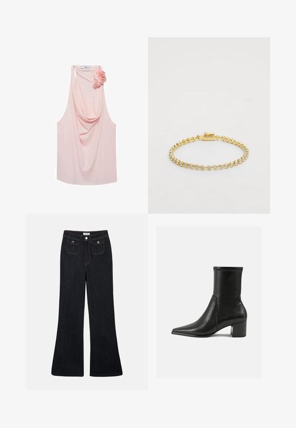 Lys pink udenærmet top med draperet halsudskæring og blomsteraccent på venstre side. Lavet af glat stof, den har en afslappet pasform og rundet kant.; Sorte denim jeans med høj talje, flared ben, to frontlommer og orange syninger. Materialet ser solidt og glat ud.; Sorte ankelstøvler lavet af glat læder, med spids tå, en blokhæl og markant hævet syning ved den øverste kant.; Guld metal armbånd med runde klare rhinsten i et ensartet mønster, med en spænde lukning på den ene side. Glat tekstur og skinnende overflade.