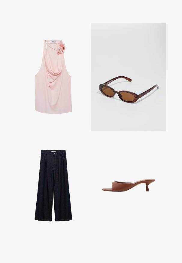 Helles rosa ärmelloses Top mit drapierter Ausschnitt und floralem Akzent auf der linken Seite. Hergestellt aus glattem Stoff, zeichnet es sich durch einen lockeren Schnitt und einen abgerundeten Saum aus.; Dunkelblaue, weite High-Waist-Hosen aus Denim mit einem Knopfverschluss vorne, zwei Seitentaschen und Nähdetails.; Braune offene Absatzmules mit glatter, matter Oberfläche, die ein geschwungenes Design und einen transparenten, verjüngten Absatz aufweisen.; Runde, braun getönte Sonnenbrillen mit einem glänzenden burgunderfarbenen Rahmen. Schlanke Bügel mit dezentem Branding. Flaches Linsendesign.; Braune Lederhandtasche mit doppelt tragegriffen, runder Form, goldenen Beschlägen und einem zentralen Schnallen-Detail. Glatte Textur mit genähten Akzenten.