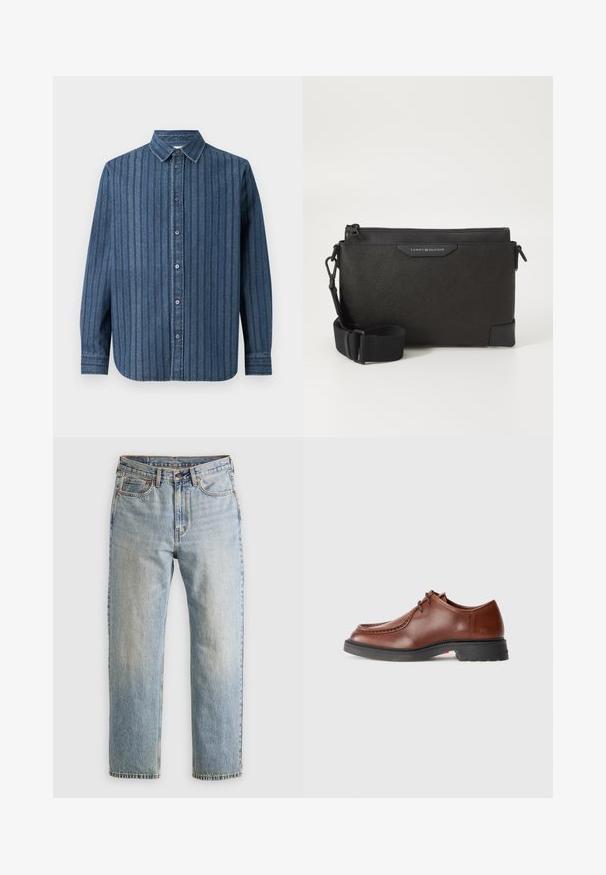 Samsøe Samsøe SADAMON SHIRT - Camicia - denim; Jeans in denim azzurro chiaro con vita alta, bottone anteriore, cerniera e design a cinque tasche, adagiati su uno sfondo neutro.; Scarpa da dress in pelle marrone con punta rotonda, cuciture a contrasto, design con lacci e suola in gomma nera texture.; Borsa a tracolla in pelle nera con finitura testurizzata, dotata di chiusura a zip e tracolla regolabile. Fodera con logo sul davanti. Forma rettangolare.