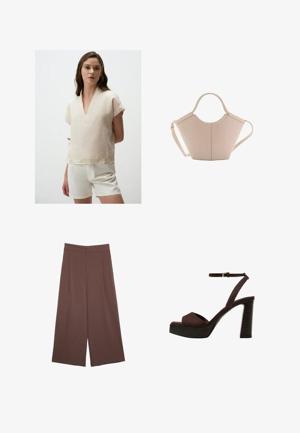 Beige Leinenoberteil mit kurzen Ärmeln und V-Ausschnitt. Der Saum ist gerade und ergänzt weiße Shorts. Der Stoff hat eine leicht strukturierte Oberfläche.; Braune Weite-Leg-Hosen mit einer glatten Textur, hoher Taille und Vorderfalten. Der Stoff ist leicht und fällt locker.; Braune Wildleder-Pumps mit offenem Zeh, verstellbarem Knöchelriemen und gestreiftem Plateausohlen.; Beige Lederhandtasche mit einer einzigartigen Form, die zwei kurze Henkel und einen langen verstellbaren Riemen aufweist. Glatte Textur mit minimalen Hardware-Elementen.