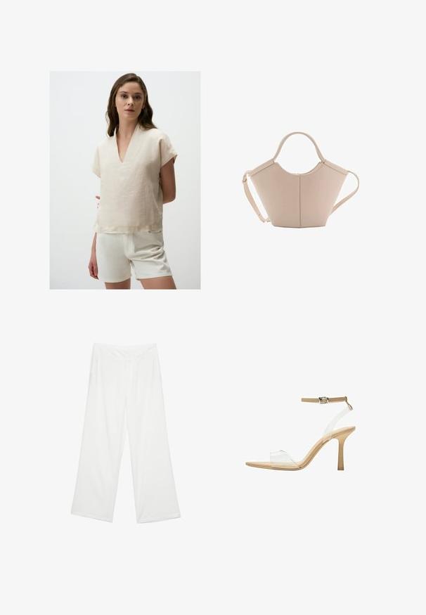 Top in lino beige con maniche corte e scollatura a V. L'orlo è dritto, in abbinamento a pantaloni corti bianchi. Il tessuto ha una finitura leggermente strutturata.; Pantaloni a gamba larga in tessuto bianco, con una texture liscia, tasche anteriori e una vita classica con passanti per la cintura.; Sandal con tacco trasparente e parte superiore trasparente, plantare beige e una sottile cinghia alla caviglia. Presenta una punta appuntita e un tacco alto e sottile.; Borsa in pelle beige con una forma unica, caratterizzata da due manici corti e una lunga tracolla regolabile. Texture liscia con hardware minimale.