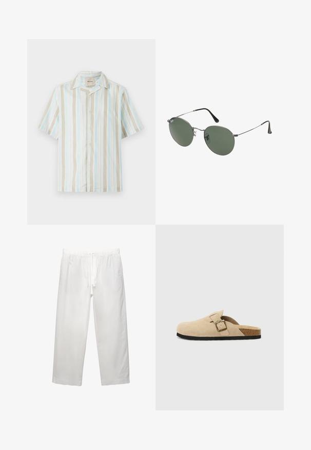 Košeľa s krátkym rukávom, ktorá má vertikálne pruhy v svetlomodrej, béžovej a bielej farbe. Mäkko tkaná látka s uvoľneným strihom a klasickým golierom.; Biele bavlnené tričko s krátkymi rukávmi, okrúhlym výstrihom a voľným strihom. Hladká textura bez viditeľných vzorov alebo akcentov.; Biele ľanové nohavice s elastickým pásom a šnúrkou, širokým strihom a čistými švami. Hladká textúra s ležérnym strihom.; Bežové semišové clogs na klinoch so korkovou stielkou, zaoblenou špičkou a jednoduchým remienkom so zlatým sponou. Gumová podrážka pre lepšiu priľnavosť.; Sunglass s metalovým rámom s oválnymi zelenými šošovkami. Tenký strieborný kovový rám a čierne štuple za uši. Minimalistický dizajn, bez viditeľných log.