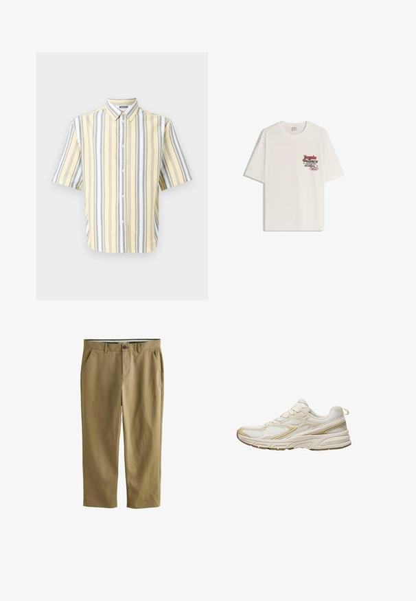 Korte mouwen shirt in geel met verticale grijze en witte strepen, met een button-down kraag en een sluiting met knopen aan de voorkant.; Witte katoenen t-shirt met korte mouwen en een ronde halslijn. Heeft een bedrukte grafiek met rode en zwarte tekst op het linker borstgebied.; Khaki chino's van een katoenmix, uitgerust met twee zijzakken, een knoopsluiting, rechte pijpen en een gladde textuur.; Witte sportieve schoenen van mesh en synthetisch materiaal, met een afgeronde neus, een gevoerde zool en beige accenten aan de zijkanten.