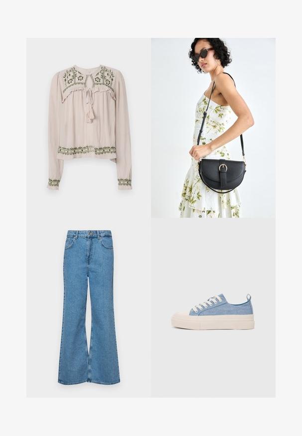 Lyse rosa bluse med lange ermer og volanger, grønn blomsterbroderi på yoke og nederkant, og en knyttet hals med en dusk.; Lyseblå vide jeans laget av denim, med høyt liv, fem lommer og en enkelt knappelukking. Myk tekstur med falmet finish.; Lys blå canvastøfler med en kremfarget gummitupp og yttersåle, med hvite snørebånd og en løfteløkke på hælen.; Svart lærveske med en buet form, avtagbar stropp og gullbeslag. Vesken har et klaff med spenne-detall.