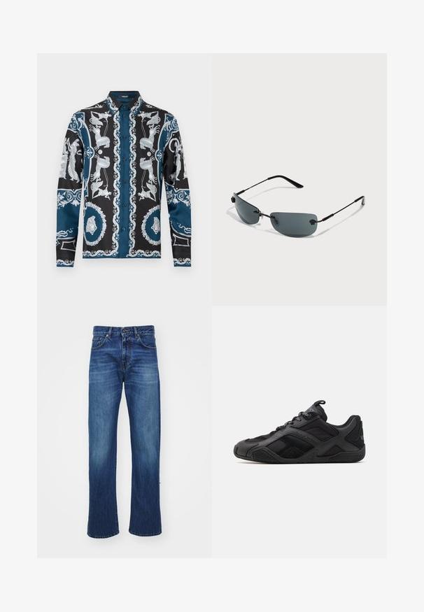 Chemise à manches longues avec une base noire ornée de motifs complexes argentés et bleus, incluant des figures et des bordures décoratives. Col à boutons.; Jean en denim bleu avec une coupe droite, présentant des poches avant, des passants de ceinture et un léger délavage sur les cuisses. Texture de tissu durable.; Chaussures de sport noires avec un mélange de matériaux lisses et texturés, présentant un design distinct, une semelle moulée et des détails de marque proéminents.; Lunettes de soleil avec une monture en métal noir élégant, des verres teintés sombres, un design minimaliste, et des plaquettes de nez réglables pour le confort.