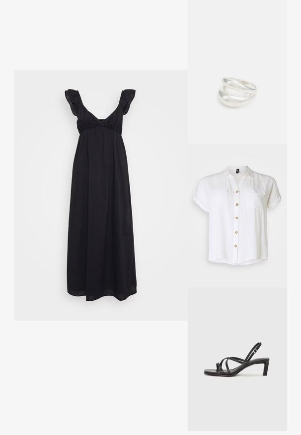 White short-sleeve shirt with two front pockets, button front closure, and wooden buttons. Soft, smooth fabric with a slightly loose fit.; Black maxi dress made of lightweight fabric, featuring a deep V-neck, flutter sleeves, and a gathered waist for a flowing silhouette.; Black strappy sandal with a square toe and a low block heel. Features multiple thin straps and an adjustable ankle strap. Made of smooth leather.; Black leather crossbody bag featuring a smooth texture, rectangular shape, and a metallic chain detail on the front. Adjustable strap included.; Silver double-band ring with a smooth, polished surface. Features a fluid, curved design with overlapping sections for a modern look.