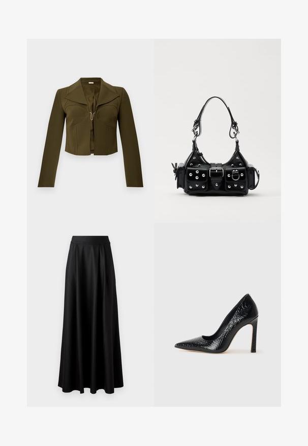 Olivově zelená kratší bunda s pevnou konstrukcí, ostrými klopami, dlouhými rukávy a háčkovým zapínáním v přední části, vyrobená z hladkého materiálu.; Černá sukně až na podlahu s hladkou strukturou, širokým pasem a sklady, bez viditelných vzorů nebo ozdob.; Černý lodičkový bot s špičatou špičkou, pokrytý texturou krokodýlí kůže, s elegantním designem, vysokým stiletto podpatkem a hladkým černým interiérem.; Černá kožená kabelka s křivkovým designem, zdobená stříbrnými hřebíky, s přezkou a dvěma bočními kapsami. Nastavitelný popruh pro různé možnosti nošení.