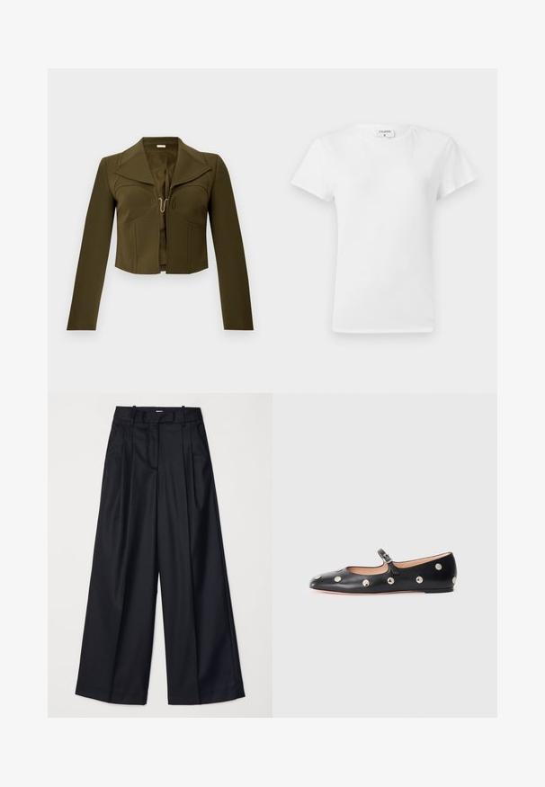 Kurtka w oliwkowym kolorze, cropped, o zorganizowanej konstrukcji, z wyraźnymi klapami, długimi rękawami i zapięciem na hak z przodu, wykonana z gładkiego materiału.; Biała bawełniana koszulka z okrągłym dekoltem i krótkim rękawem, o luźnym kroju i minimalistycznym designie. Metka widoczna na szyi.; Czarne spodnie o szerokich nogawkach, wykonane z gładkiego materiału, z wysokim stanem, zakładkami i dopasowanym krojem. Proste czarne elementy metalowe w talii.; Czarne skórzane buty typu Mary Jane na płaskim obcasie z zaokrąglonym czubkiem, ozdobione srebrnymi okrągłymi ćwiekami oraz regulowanym paskiem z klamrą.