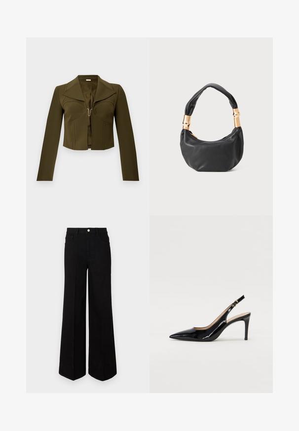 Olivza zaudēta īsajā jakā ar strukturētu dizainu, asas atloks, garām piedurknēm un āķa aizdari priekšpusē, izgatavota no gludas auduma.; Melna plaša kāju džinsi, izgatavoti no izturīga auduma, ar augstu jostasvietu, priekšējām kabatām un priekšējo pogu aizdari. Džinsu apakšā ir taisns apmale.; Melnas lakotās ādas slingback kurpes ar izteiktu degunu, šauru papēdi un smalku izgriezumu dizainu. Siksniņai ir zelta sprādze.; Melnas ādas rokassoma ar apaļu formu, mīkstu tekstūru un mezgla rokturi, kas rotāts ar zelta tonētiem aksesuāriem. Ar rāvējslēdzēja aizdari.