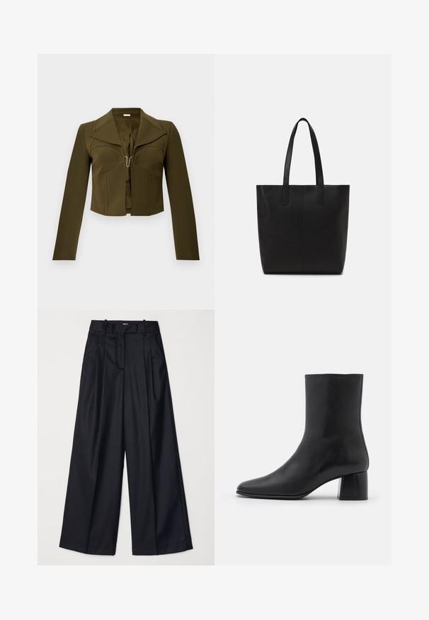 Maslinasto zelena skraćena jakna s strukturiranim dizajnom, oštrim reverima, dugim rukavima i kopčanjem na kuku sprijeda, napravljena od glatkog materijala.; Crne široke hlače izrađene od glatkog materijala, s visokim strukom, nabranim detaljima i krojem po mjeri. Jednostavan crni hardver na struku.; Crne kožne gležnjače s šiljastim vrhom i širokim kvadratnim potpeticom. Glatka tekstura s bešavnim dizajnom i minimalističkim šavovima.; Crna torba za nošenje od teksturiranog materijala, s dva dugačka remena i jednostavnim, minimalističkim dizajnom bez vidljivog hardvera.