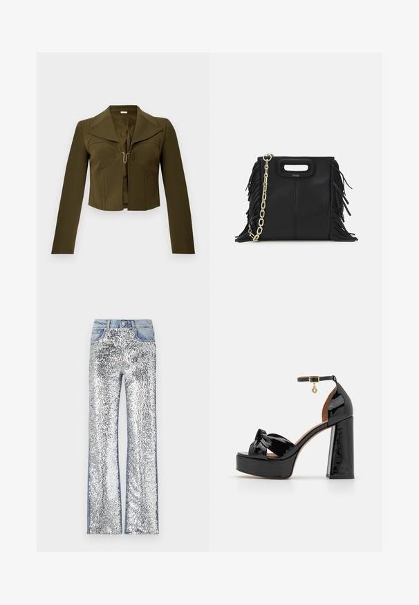 Olivově zelená kratší bunda s pevnou konstrukcí, ostrými klopami, dlouhými rukávy a háčkovým zapínáním v přední části, vyrobená z hladkého materiálu.; Stříbrné džínové kalhoty se třpytkami, s rozšířeným střihem, denimovým pasem a boky, vytvářejícími texturovaný, odrazivý povrch.; Maje Sandály na vysokém podpatku - noir; Černá kožená kabelka s třásněmi, zlatým řetízkovým ramenním popruhem a rukojetí s výřezem. Na přední straně se nachází logo.