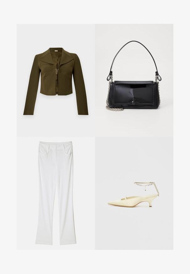Õliva rohelise värvi lühike jakk, millel on struktureeritud disain, teravad kraed, pikad varrukad ja eesne konksuga kinnitamine, valmistatud siledast kangast.; Valged laiad püksid, millel on sile kangas, kahel esiotsal taskud ja õmmeldud vöökoht, mis tagabist liiga pigistatava välimuse.; Kitsaaste kollane satiinist slingback king, millel on madal konts ja dekoratiivne kett pahkluu rihm, millel on rhinestone'id. Sile tekstuur, minimaalne disain.; Mustmust mustkott mustmust mustkott, millel on ristkülikukujuline kuju, kettstrap ja silmapaistev viimistlusaktsent keskel. Sile tekstuur.
