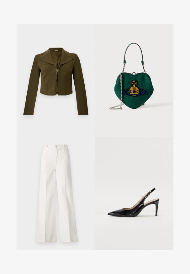 Olive green cropped jacket with a structured design, sharp lapels, long sleeves, and a hook closure at the front, made from smooth fabric.; White wide-leg trousers made from cotton with a smooth texture. Features a front button, zipper fly, and four-pocket design.; Black patent leather slingback pump with pointed toe, slim heel, and a subtle cutout design. Features a gold buckle on the strap.; Green heart-shaped handbag with yellow and blue planet emblem, short handle, and silver chain strap on white background.