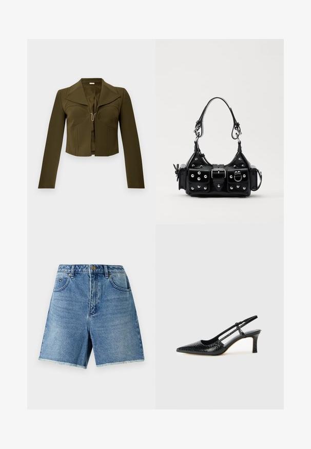 Olivegrüne cropped Jacke mit strukturiertem Design, scharfen Revers, langen Ärmeln und einem Hakenverschluss vorne, aus glattem Stoff gefertigt.; Jeansshorts in Hellblau mit hoher Taille, Knopfverschluss, frontalen Taschen und fransigem Saum für einen lässigen Sitz.; Schwarze Lack-Slingback-Pumps mit spitzem Zehenbereich, versehen mit strukturiertem Schlangenprint, verstellbarem Riemen und einem kurzen, strukturierten Blockabsatz.; Schwarze Lederhandtasche mit einem geschwungenen Design, verziert mit silbernen Nieten, einer Schnalle und zwei seitlichen Taschen. Verstellbarer Träger für verschiedene Tragemöglichkeiten.