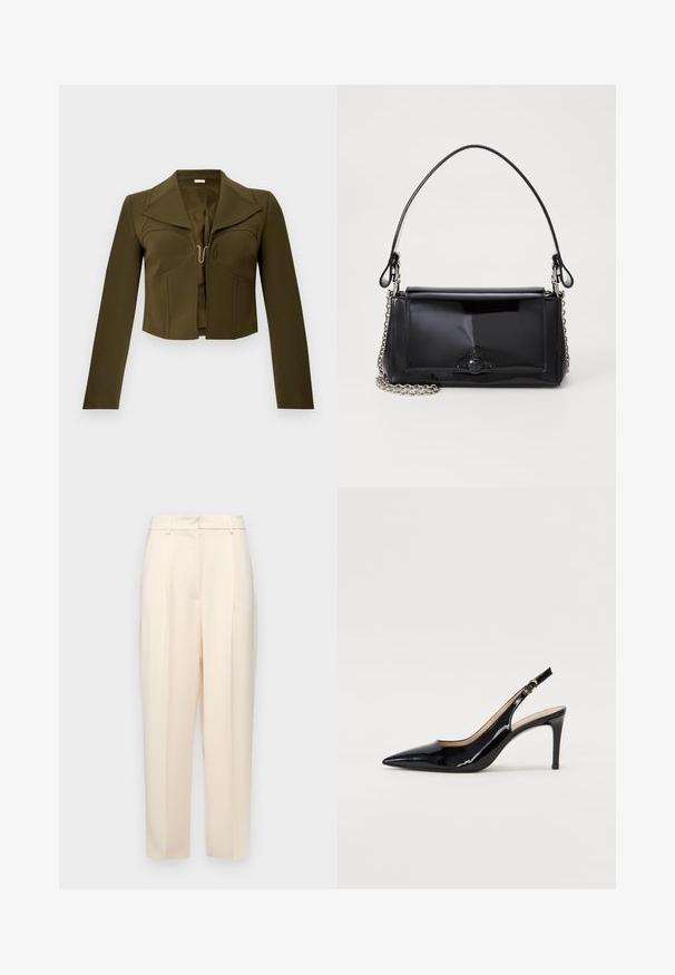 Õliva rohelise värvi lühike jakk, millel on struktureeritud disain, teravad kraed, pikad varrukad ja eesne konksuga kinnitamine, valmistatud siledast kangast.; Beežid kohandatud püksid otse lõikega, ees volditud, siledast tekstuurist ja keskmise kõrgusega vöökoht. Nähtavaid taskuid ei ole.; Must hõbedavärvi patendiga slingback kontsakingad terava varbaga, kitsas konts ja peene lõikega disain. Statistika on kuldne pandla rihmal.; Mustmust mustkott mustmust mustkott, millel on ristkülikukujuline kuju, kettstrap ja silmapaistev viimistlusaktsent keskel. Sile tekstuur.