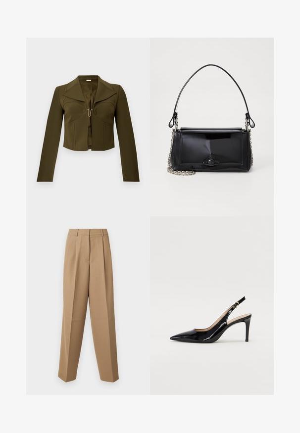 Olivegrüne cropped Jacke mit strukturiertem Design, scharfen Revers, langen Ärmeln und einem Hakenverschluss vorne, aus glattem Stoff gefertigt.; Beige maßgeschneiderte Hose mit hoher Taille, gefaltetem Vorderteil und weitem Bein. Der Stoff wirkt glatt mit einem leichten Glanz.; Schwarz lackierte Slingback-Pumps mit spitzem Zehenbereich, schlankem Absatz und einem subtilen Ausschnittdesign. Verfügt über eine goldene Schnalle am Riemen.; Schwarze Lackleder-Handtasche mit rechteckiger Form, Kettenriemen und einem markanten Hardware-Akzent in der Mitte. Glatte Textur.