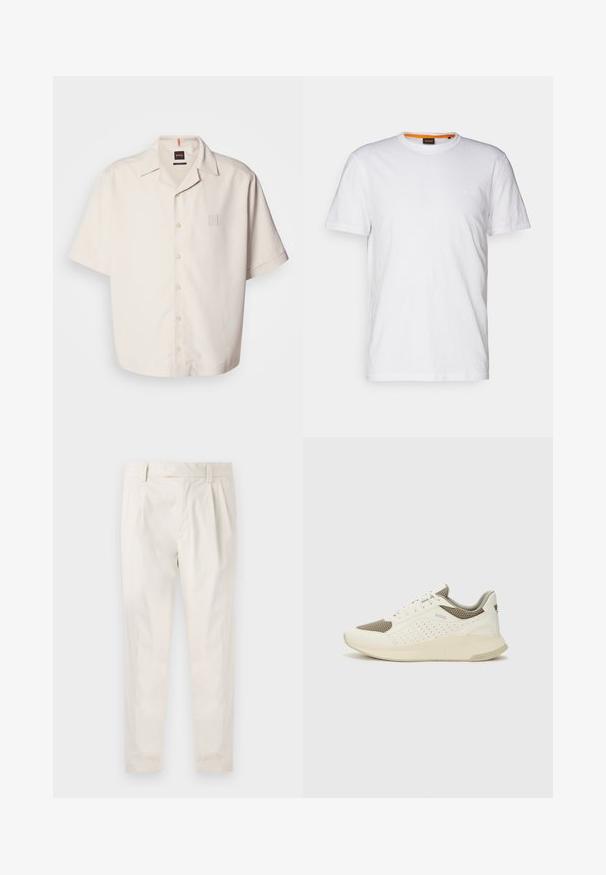 Rövidujjú, krémszínű gombos ing sima anyagból, kis négyzet alakú logós zsebből és klasszikus gallérkialakításból készült.; Fehér pamut póló kerek nyakkivágással, rövid ujjakkal, és finoman domborított logóval a mellkason. A belső címke narancssárga akcentussal rendelkezik.; Fehér, pliszírozott nadrág, testre szabott szabással, sima felülettel, övhurkokkal és karcsú lábszárral. Nincs látható zseb vagy minta.; Fehér és világos bézs sportcipő, légies hálós felsőrésszel, perforált részletekkel és texturált középtalppal, amelyen a saroknál a márka logója található.