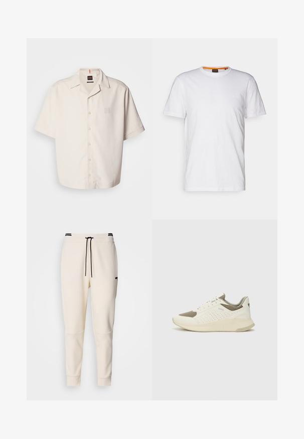 Kratki rokavi, krema barve, srajca z gumbi iz gladkega blaga, z majhnim pravokotnim žepom s logotipom in klasičnim ovratnikom.; Bela bombažna majica s kratkimi rokavi in okroglim izrezom, z diskretnim reliefnim logotipom na prsih. Notranja oznaka ima oranžni akcent.; Jogger hlače v kremni barvi z elastičnim pasom in vrvico, črnimi detajli, zoženimi nogami in stranskimi žepi.; Beli in svetlo bež športni copat, s mrežastim zgornjim delom, perforiranimi detajli in teksturirano srednjim delom z blagovno znamko na peti.