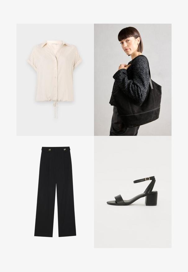 Short-sleeve, button-up blouse in cream with light beige vertical stripes. Features a drawstring hem and smooth fabric texture.; Black wide-leg trousers with high waist, button details on waistband, and front pleats.; Black heeled sandal featuring a smooth leather upper, an open toe, wide front straps, and adjustable ankle strap with a gold buckle detail.; Black suede tote bag with a smooth texture, structured shape, and contrasting stitching. Features long straps for shoulder carry.