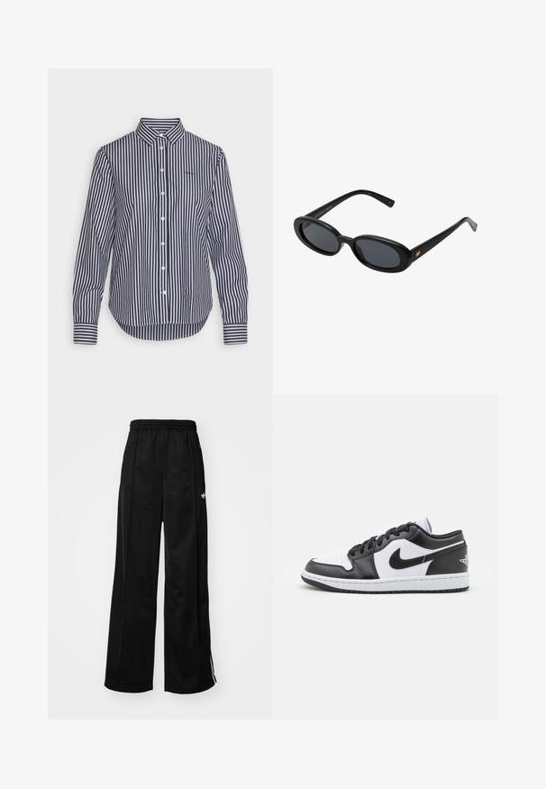Camisa de manga larga a rayas en azul marino y blanco con cuello clásico, cierre de botones y detalle contrastante en los puños. Tejido suave con una textura lisa.; Pantalones de chándal negros de pierna ancha con cinturilla elástica, que cuentan con rayas laterales blancas y un pequeño logo en la cadera izquierda. Textura de tela suave.; Las zapatillas Nike de corte bajo en blanco y negro presentan un upper de cuero suave, puntera redonda, cierre con cordones y una suela de goma con patrón.; Gafas de sol grandes de color negro con lentes ovalados, montura de plástico suave y detalles dorados en las patillas. Los lentes oscuros ofrecen protección solar.