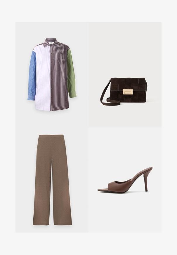 Svītraina krekla ar pogām, kas satur daļas zilos, rozā, brūnos un zaļos toņos. Iespējamā krūšu kabata un apkakle.; Plašas brūnas bikses ar gludu jostasvietu, bez redzamām kabatām vai aizdares elementiem, attēlotas uz baltas virsmas.; Brūni ādas atvērtas pirksta augstpapēžu čības ar elegantu dizainu, kas iezīmējas ar plašu priekšējo siksniņu un slaidu stiletto papēdi.; Brūna zamšādas rokassoma ar noliktu dizainu, taisnstūrveida forma, zelta krāsas aksesuāri un regulējams plecu siksna.; Pāris neregulāras ovālas formas zelta toņos metāla auskaru ar teksturētu, nedaudz sitētu virsmu uz baltas fona.