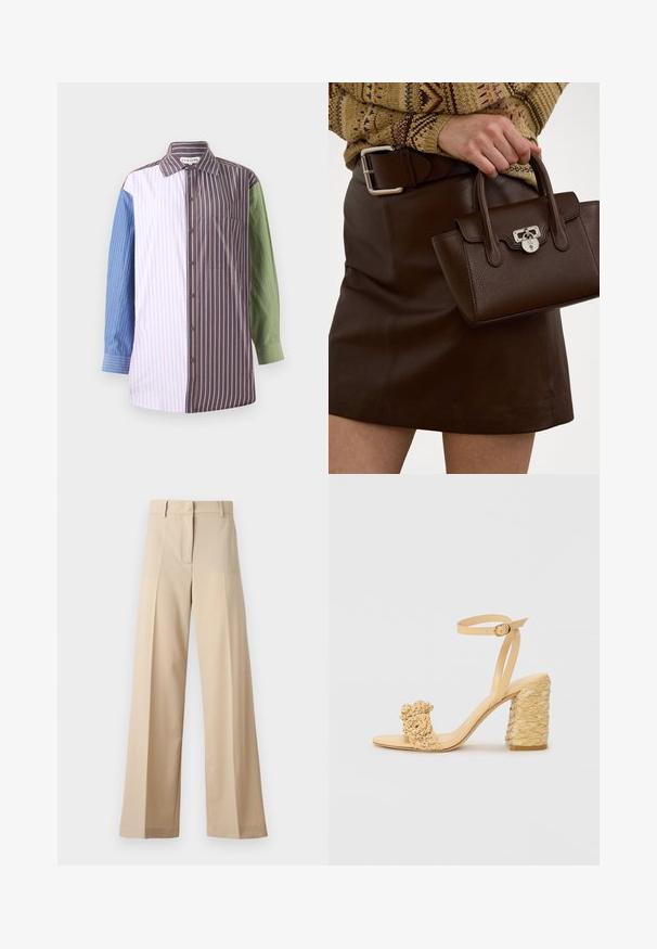 Stribet skjorte med knaplukning, der har sektioner i blå, lyserød, brun og grøn. Indeholder en brystlomme og krave.; Beige bukser med vid ben lavet af blødt stof, med en flad foran med folder, lynlås og bæltestropper. Skræddersyet pasform generelt.; Beige høje hæle sandaler med en fletstruktur, der har en dekorativ blomst og ankelrem. Det firkantede hæl giver stabilitet.; Brun læderhåndtaske med en struktureret overflade og sølvhardware, holdt i hånden ved siden af en brun lædernederdel og en mønstret sweater.