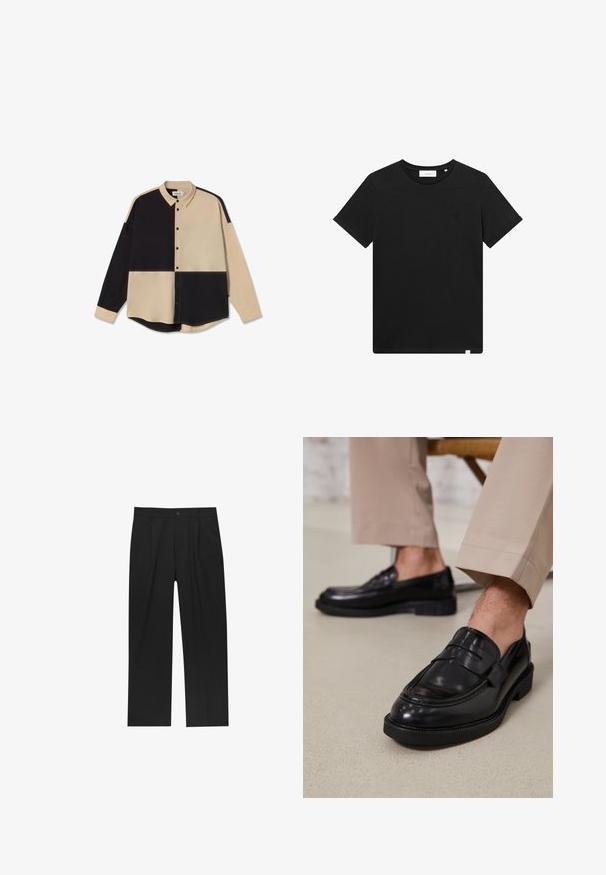 Camicia con bottoni caratterizzata da un design a patchwork, con sezioni beige e nere, maniche lunghe e colletto a punta. Texture liscia con bottoni.; T-shirt nera a maniche corte in cotone, con scollatura rotonda e un piccolo logo ricamato sul petto. Tessuto liscio, vestibilità standard.; Pantaloni neri con un design a gamba dritta, realizzati in un tessuto liscio. Presentano pieghe frontali e una chiusura a un bottone in vita.; Mocassini in pelle nera con finitura liscia, dotati di una cintura decorativa e cuciture a contrasto, abbinati a pantaloni beige.