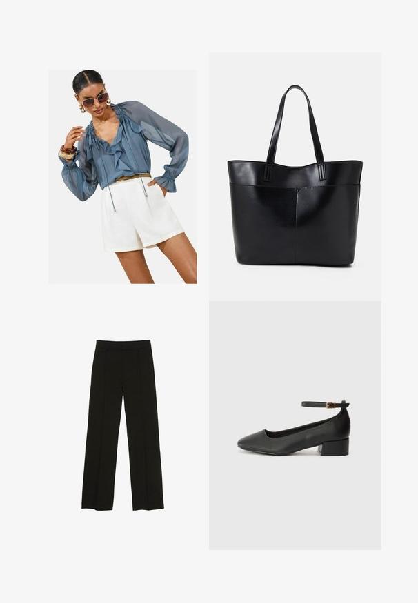 Lichtblauwe doorschijnende blouse met ruches, lange pofmouwen en trekkoorddetail, gecombineerd met witte shorts. Accessoires omvatten grote zonnebrillen en armbanden.; Zwarte wijde pantalon gemaakt van een soepele stof, met een aansluitende tailleband en subtiele plooien aan de voorkant voor extra textuur.; Zwarte leren pump met een spitse neus en een lage blokhak. Beschikt over een enkelband met een goudkleurige gespsluiting. Gladde textuur.; Zwarte leren tote bag met twee lange handvatten, een zachte textuur en een gestructureerde vorm. Voorzien van een voorvak voor extra opslagruimte.