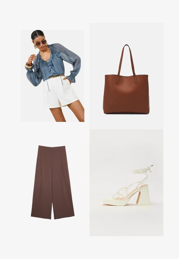 Blusa trasparente azzurra chiara con rouches, maniche a sbuffo lunghe e dettaglio con cordoncino, abbinata a pantaloncini bianchi. Gli accessori includono occhiali da sole grandi e bracciali.; Pantaloni ampi marroni con una texture liscia, caratterizzati da una vita alta e pieghe frontali. Il tessuto è leggero e scorre liberamente.; Sandalo bianco con tacco alto, caratterizzato da un design a cinturini e un legaccio alla caviglia. Texture liscia con una piattaforma frontale per un'altezza aggiuntiva.; Borsa tote in pelle marrone con texture liscia, design con apertura superiore e due spallacci. Presenta cuciture minime e nessun hardware visibile.