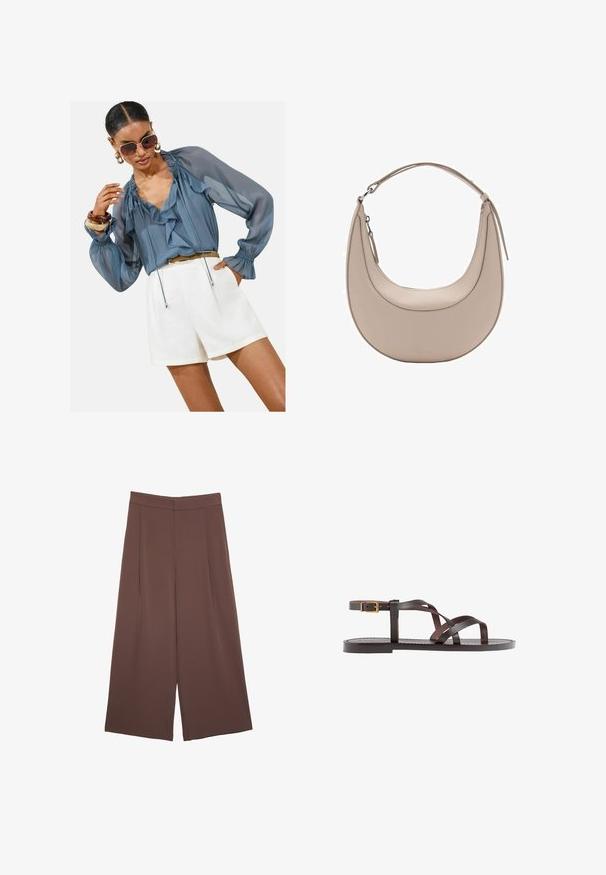 Helleblause aus durchscheinendem Material mit Rüschen, langen Puffärmeln und Bindebanddetails, dazu weiße Shorts. Die Accessoires bestehen aus großen Sonnenbrillen und Armreifen.; Braune Weite-Leg-Hosen mit einer glatten Textur, hoher Taille und Vorderfalten. Der Stoff ist leicht und fällt locker.; Braune Leder-Sandale mit überkreuzten Riemen, einem Knöchelriemen mit Schnalle und einer flachen Sohle mit minimalen Nähdetails.; Beige Leder Schultertasche in Halbmondform, mit glatter Oberfläche und einem geschwungenen Henkel. Verfügt über einen Reißverschluss und saubere Nähte.