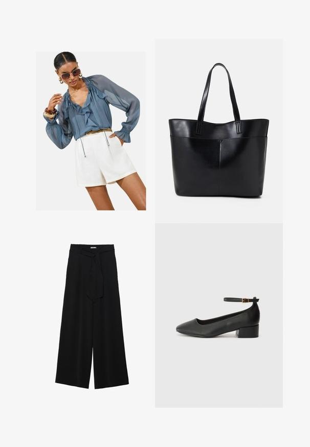 Light blue sheer blouse with ruffles, long puff sleeves, and drawstring detail, paired with white shorts. Accessories include large sunglasses and bangles.; Black wide-leg pants featuring a textured fabric, an elastic waistband, and a detachable sash tie at the waist for adjustable fit.; Black leather pump with a pointed toe and a low block heel. Features an ankle strap with a gold-tone buckle. Smooth texture.; Black leather tote bag with two long handles, a smooth texture, and a structured shape. Features a front pocket for additional storage.