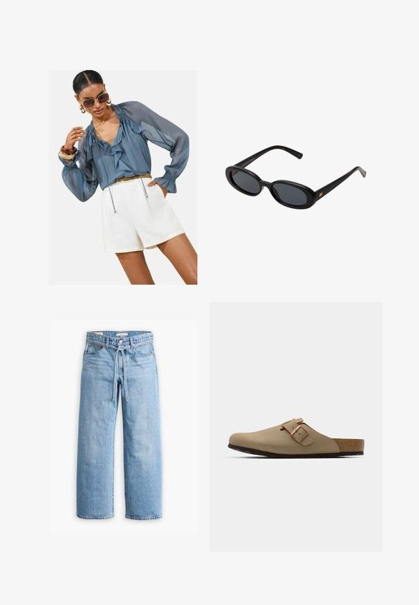 Blouse légère bleu ciel en voile avec des volants, manches longues à bouffant et détails à cordon, associée à un short blanc. Les accessoires comprennent de grandes lunettes de soleil et des bracelets.; Jeans en denim bleu clair à jambes larges avec une taille haute, fermeture à bouton et à glissière, et un détail à cordon à la taille. Finition à l'ourlet brut.; Sabots beiges avec un bout arrondi, accent en boucle ajustable et semelle en liège. Surface texturée avec une semelle en caoutchouc noir pour une meilleure adhérence.; Lunettes de soleil noires surdimensionnées avec des verres ovoïdes, monture en plastique lisse et accents dorés sur les tempes. Les verres sombres offrent une protection contre le soleil.