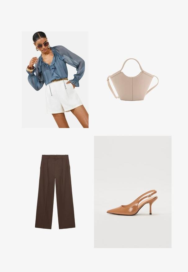 Světle modrá průhledná blůza s volány, dlouhými puff rukávy a šňůrkovým detailem, spárovaná s bílými šortkami. Doplňky zahrnují velké sluneční brýle a náramky.; Hnědé kalhoty s širokými nohavicemi vyrobené z hladkého materiálu, se zvýšeným pasem, přehyby vpředu a dvěma bočními kapsami.; Sandy poprsko s úzkým podpatkem v hladkém, lesklém odstínu tan. Obsahuje zakřivený design s výřezem a štíhlý jehlový podpatek. Detail se stříbrnou sponou.; Beige kožená kabelka s jedinečným tvarem, vybavená dvěma krátkými uchy a dlouhým nastavitelným popruhem. Hladká textura s minimem kovových doplňků.