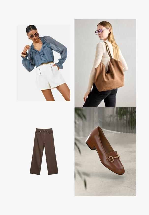 Svetlo modra prozorna bluzica z naborki, dolgi pufasti rokavi in detajl s črto, v kombinaciji z belimi kratkimi hlačami. Dodatki vključujejo velike sončna očala in zapestnice.; Široke rjave kavbojke iz denima, ki imajo visok pas, sprednje žepe in klasično zapiranje na gumb. Gladka tekstura s subtilnim šivom.; Rjavi lakirani loafer z kvadratnim nosom, kovinsko verigo kot okrasom in nizko blok podplatom; gladka tekstura, minimalističen dizajn.; Rjava semišna torba z mehko teksturo, velikim odprtjem in dolgimi ročaji. Ima preprost dizajn z vidnim šivanjem in brez okovja.