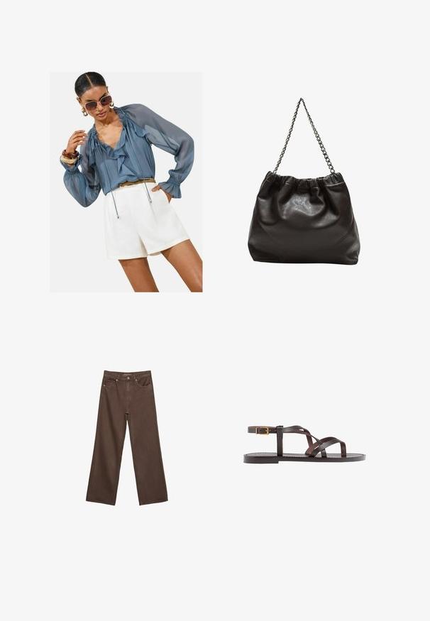Svijetloplava prozirna bluzica s volančićima, dugim napuhanim rukavima i detaljem s vezicom, u kombinaciji s bijelim šortsevima. Dodaci uključuju velike sunčane naočale i narukvice.; Proširene smeđe traperice od denima, s visokim strukom, prednjim džepovima i klasičnom kopčom na dugme. Glatka tekstura s suptilnim šavovima.; Smeđe kožne sandale s iskrižanim trakama, umetkom za zapešće s kopčanjem i ravnim potplatom s minimalnim detaljima šivanja.; Smeđa kožna torba s naboranim vrhom i lančićem za nošenje. Glatka tekstura s sjajnim završetkom i suptilnim šavnim detaljima sa strane.