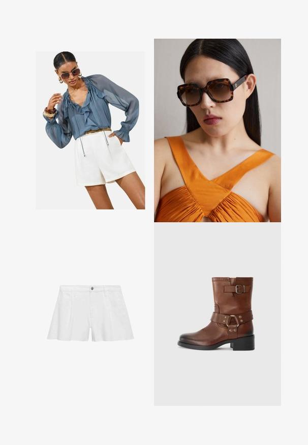 Lyseblå gennemsigtig bluse med flæser, lange puffede ærmer og snørredetalje, parret med hvide shorts. Tilbehøret inkluderer store solbriller og armbånd.; Hvide bomuldsshorts med en afslappet pasform, der har forlommer, en knaplukning og flade sømme for en glat finish.; Brun læder ankelstøvle med afrundet tå, sidelukning detail og en lav blokhæl. Glat finish med kontrasterende metal accenter.; Brune skildpaddemønstrede oversized solbriller med en bred rektangulær kant og gradientlinser. Guldfarvet logo detalje på siden.; Bølgebrun suede tote taske med et trekantet design, forlængede skulderstropper og en stor åben top med et udskåret håndtag.