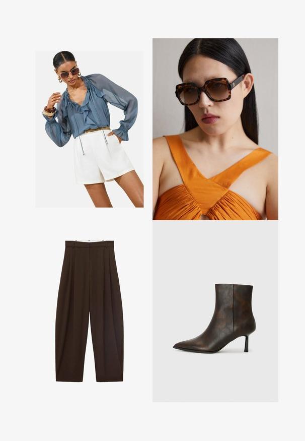 Lyseblå gennemsigtig bluse med flæser, lange puffede ærmer og snørredetalje, parret med hvide shorts. Tilbehøret inkluderer store solbriller og armbånd.; Brune højtaljede bukser med folder, lavet af glat stof. Løs pasform, straight leg design, med bæltestropper og lynlås.; Brun læder ankelstøvle med spids tå, slankt design og en tynd sort hæl. Struktureret overflade med et subtilt mønster.; Brune skildpaddemønstrede oversized solbriller med en bred rektangulær kant og gradientlinser. Guldfarvet logo detalje på siden.