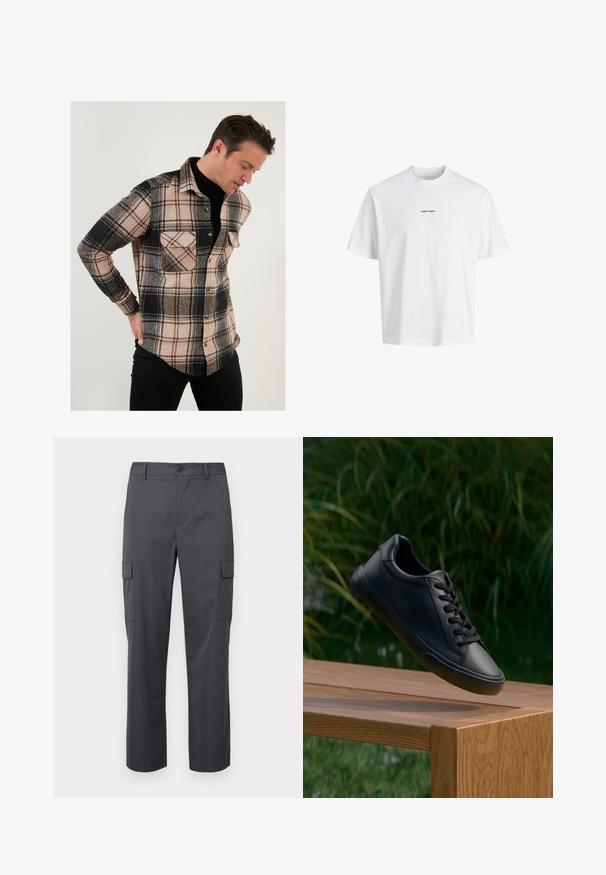 Buratti DOUBLE POCKET - Krekls - black; Balta kokvilnas T-krekls ar apaļu kaklu, īsām piedurknēm un drukātu tekstu "CORE™ DEPT." priekšā. Gluda tekstūra, regulāra piegriezuma.; Oglekšanai domāti ogļu pelēki cargo bikses, kas izgatavotas no gludas auduma, ar taisno kāju dizainu, divām sānu kabatām un pogu aizdari viduklī.; Melnas ādas sporta apavi ar gludu tekstūru, apaļu purngalu un plakanu šņorēšanu, novietoti virs koka virsmas ar zaļām zālēm fonā.