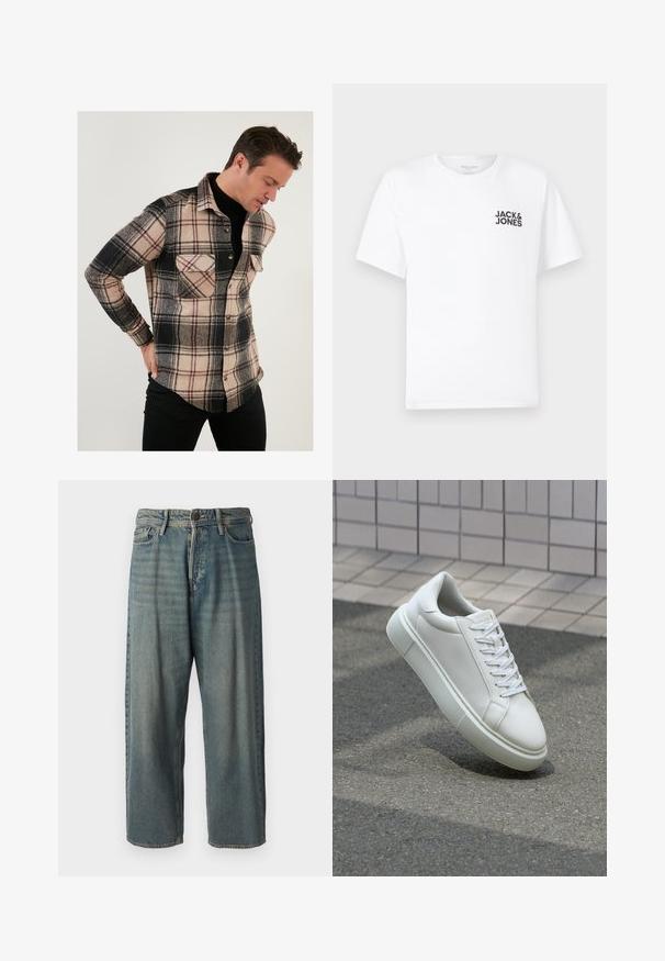 Buratti DOUBLE POCKET - Ing - black; Fehér pamut póló, rövid ujjú, kerek nyakkivágással. A bal mellrészen található a fekete "JACK & JONES" feliratú logó. Egyszerű, sima dizájn.; Világoskék farmernadrág, laza fazonnal, közepes derékbőséggel és egyenes szárral. Öt zsebet, övbucskát és gombos záródást tartalmaz.; Fehér bőr sportcipő sima felülettel, kerek orral és lapos fehér fűzőkkel. Texturált gumitalppal és minimális dizájnelemekkel rendelkezik.