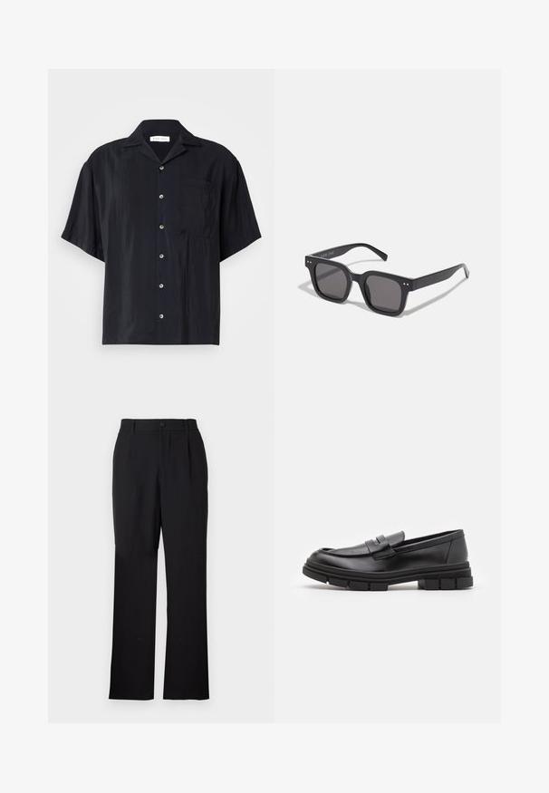 Pier One Chemise - black; Only & Sons ONSJEREMY LOOSE PANT - Pantalon classique - black; Mocassins en cuir noir avec une finition lisse, présentant un détail de sangle à l'avant et une semelle en caoutchouc épaisse avec des accents striés.; Lunettes de soleil noires rectangulaires avec des verres foncés, arborant une monture épaisse, des accents subtils sur les côtés et aucun logo visible en dehors du nom de la marque.