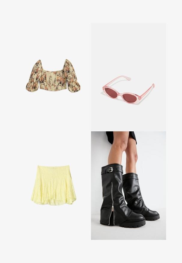 Twist - Bluzka; Żółta koronkowa koszulka na ramiączkach z detalem na przodzie w postaci wiązania, cienkimi ramiączkami i zwiewnym krojem. Delikatna tekstura i miękki materiał nadają jej lekkiego wyglądu.; Żółta spódnica w kształcie dzwonu, wykonana z teksturowanej tkaniny, z warstwowym wzorem i lekko nierównym dołem. Lekka i zwiewna w wyglądzie.; Czarne skórzane kozaki do kolan o szerokiej cholewce, z bocznym zamkiem błyskawicznym i akcentem w postaci klamry, o teksturowanym wykończeniu i masywnej gumowej podeszwie.; Różowe, przezroczyste okulary przeciwsłoneczne z owalnymi soczewkami, ciemnoczerwonym odcieniem i smukłymi ramionami, charakteryzujące się gładkim wykończeniem i subtelnymi detalami na oprawie.