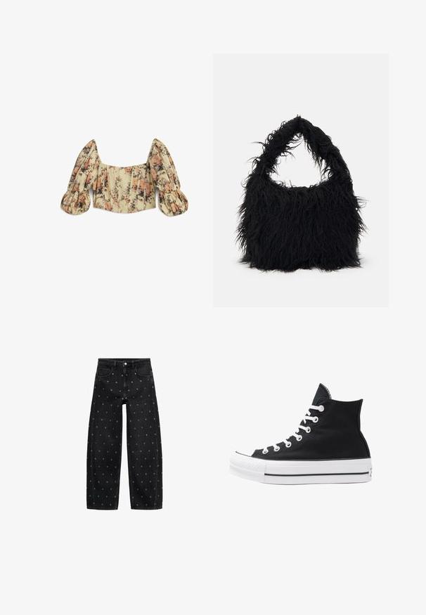 Twist Blouse - white; Zwarte denim wide-leg jeans met een patroon van kleine zilveren oogjes, met een klassieke vijf-pocket design en een knoopsluiting aan de voorkant.; Hoge zwarte canvas sneaker met witte oogjes, veters en rubberen zool. Beschikt over een gestructureerde neuskap en zwart-witte streepaccenten.; Even&Odd Shopper - black