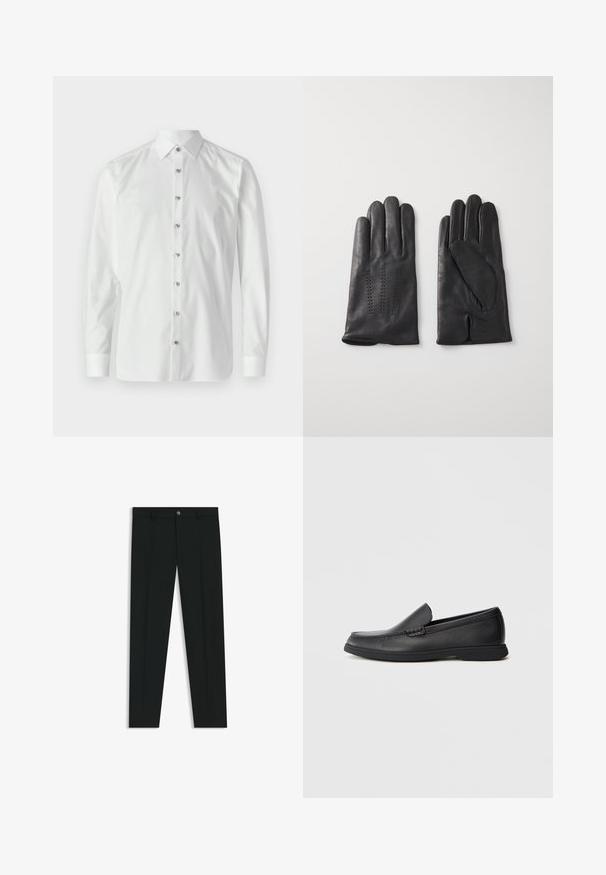 Hvid langærmet skjorte i glat stof med en spids krave. Har en fuld knaplukning med metalknapper og knapærmer.; Sorte dressbukser med lige ben-design, lavet af glat stof. Har en frontlukning med knap og bæltestropper. Enkle uden mønstre.; Sort læder slip-on loafers med tekstureret overdel, rund tå, lav hæl og gummisål, vist i sideprofil på hvid baggrund.; Sorte læderhandsker med fem fingre, der har dekorativ søm. Indersiden har en blød foring og et åbent design til pegefingeren.