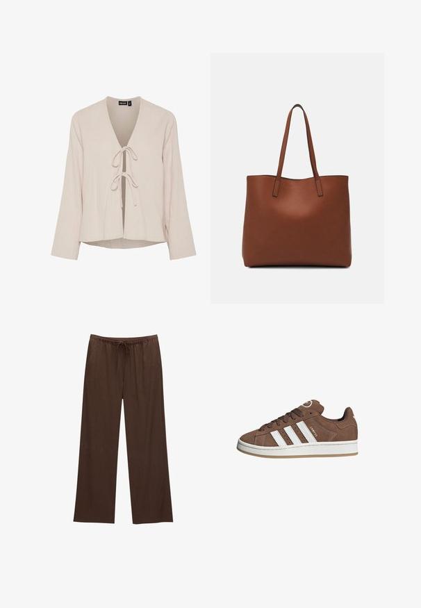 Blusa beige chiaro con scollatura a V profonda, maniche lunghe e chiusura con nodo frontale. Realizzata in un tessuto morbido e testurizzato con una vestibilità rilassata.; Pantaloni larghi marroni realizzati in tessuto morbido, con vita elastica e cordoncino, e due tasche laterali.; Sneakers in suede marrone con strisce in pelle bianca, suola in gomma, punta rotonda e lacci. Presentano un logo sulla linguetta e dettagli perforati.; Borsa tote in pelle marrone con texture liscia, design con apertura superiore e due spallacci. Presenta cuciture minime e nessun hardware visibile.
