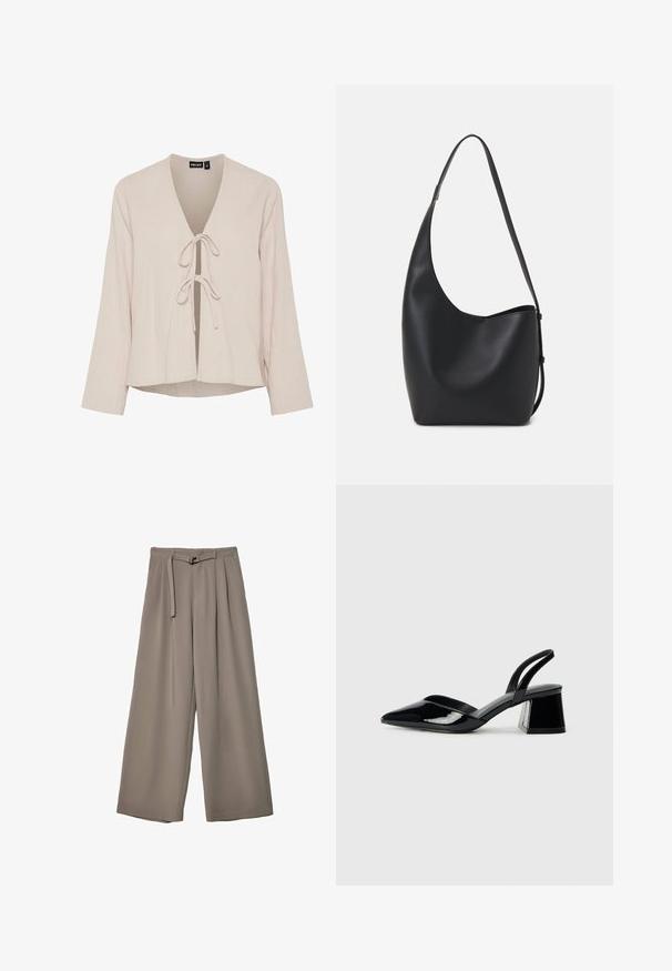 Helles beiges Bluse mit tiefem V-Ausschnitt, langen Ärmeln und vorderem Bindeschluss. Hergestellt aus strukturiertem, weichem Stoff mit lässiger Passform.; Weite Hose aus einem weichen, gedämpften grauen Stoff, mit einem taillierten Bund und Falten für zusätzliche Design-Details. Glatte Textur, keine Muster.; Schwarze Lackleder-Slingback-High Heels mit spitzem Schuh und einem geometrischen Blockabsatz. Verfügt über ein schlankes, minimalistisches Design und eine glatte Textur.; Schwarze Leder-Hobo-Tasche mit einer glatten Textur, geschwungener Form und einem einzelnen verstellbaren Tragegurt; verfügt über eine weite Öffnung am oberen Ende.