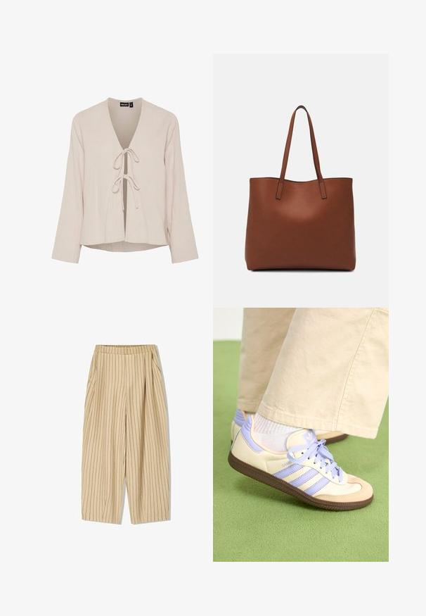Helles beiges Bluse mit tiefem V-Ausschnitt, langen Ärmeln und vorderem Bindeschluss. Hergestellt aus strukturiertem, weichem Stoff mit lässiger Passform.; Beige gestreifte Hosen mit elastischem Bund, zwei Seitentaschen, lockerer Passform und vertikalen schwarzen Nadelstreifen als Detail.; Cremefarbene und lavendelfarbene Sneakers mit drei Streifen und einer strukturierten braunen Sohle, ausgestattet mit Schnürsenkeln und einer gepolsterten Ferse. Obermaterial aus weichem Stoff.; Braune Leder-Tote mit glatter Textur, offenem Oberteil und zwei Schulterriemen. Verfügt über minimale Nähte und keine sichtbaren Beschläge.